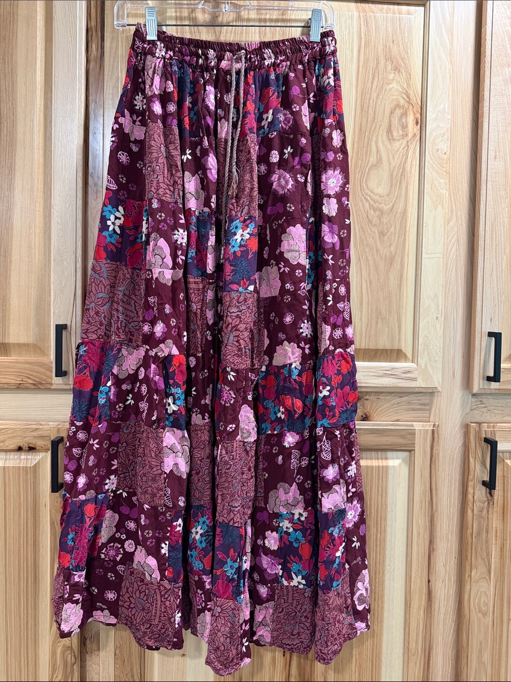 Jackpot Vintage Bohemian Floral Patchwork Maxi Pull On Skirt Burgundy Floral